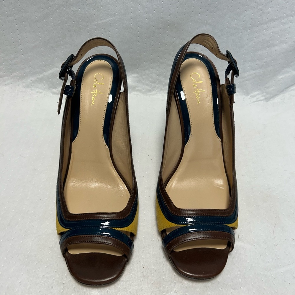 Cole Haan heels, open toe pumps, Ocre, teal, brown leather